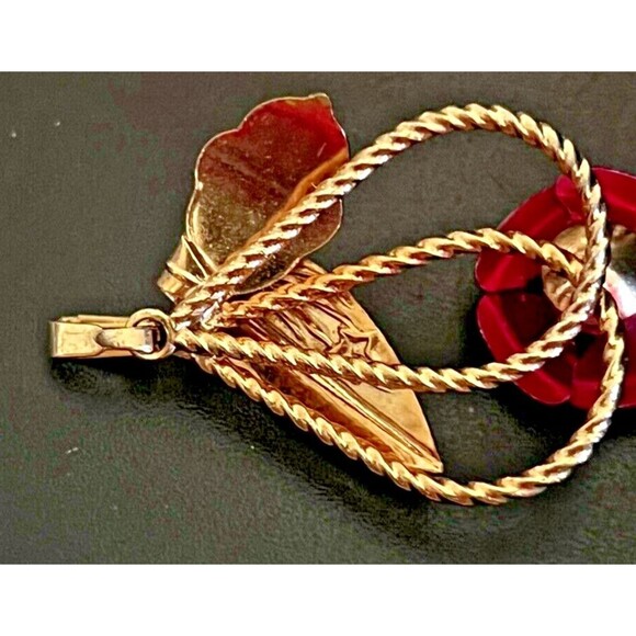 Goldtone Pendant with Red Rose - 1.5” Vintage Floral Jewelry - Picture 5 of 5